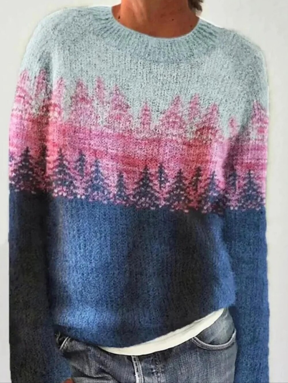 NWOT Navy and Pink Nordic Forest Tree Pattern Crewneck Sweater, Size M